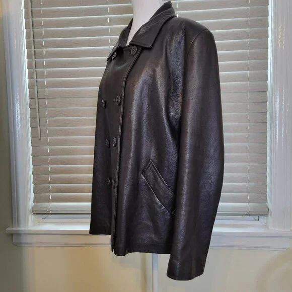 Brown Genuine Leather Sleek Ladies Double Breasted Jacket, Size Large, - Picture 3 of 15